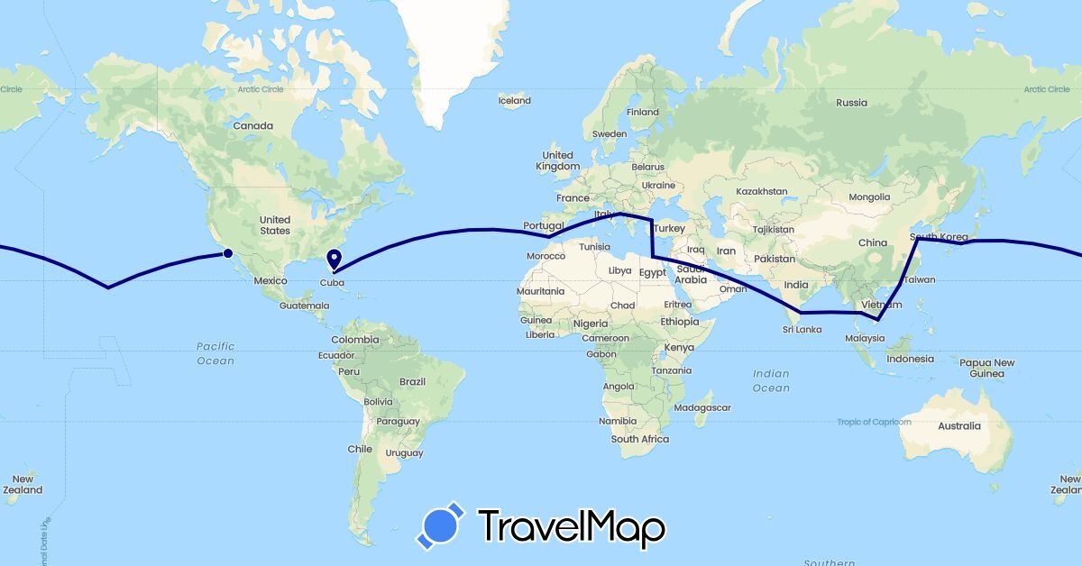 TravelMap itinerary: driving in China, Egypt, Spain, Hong Kong, Croatia, India, Japan, Mexico, Thailand, Turkey, United States, Vietnam (Africa, Asia, Europe, North America)